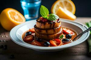 a plate of food with strawberries, blueberries and lemon slices. AI-Generated photo