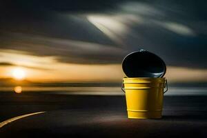 un amarillo Cubeta sentado en el playa a puesta de sol. generado por ai foto