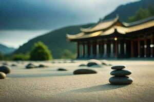 a stone pile in front of a chinese temple. AI-Generated photo