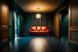 a red couch sits in a dark hallway. AI-Generated photo