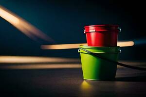 two red and green buckets sitting on a table. AI-Generated photo