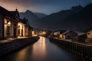 un río carreras mediante un pueblo a noche. generado por ai foto