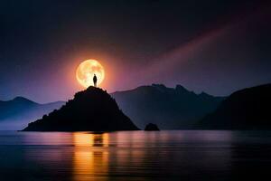 un hombre soportes en un rock en frente de un lleno Luna. generado por ai foto