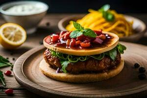 a hamburger with tomato sauce and lettuce on a wooden plate. AI-Generated photo