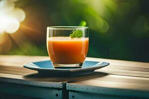 a glass of orange juice on a wooden table. AI-Generated photo