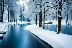 a river in a snowy forest with trees. AI-Generated photo