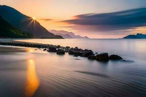 the sun is setting over a beach with rocks and water. AI-Generated photo