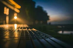 a bench with lights on it at night. AI-Generated photo