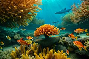 an underwater scene with coral and fish. AI-Generated photo