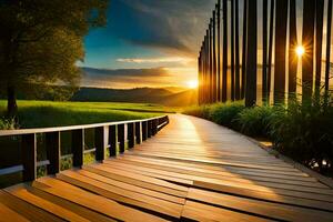 a wooden walkway leads to the sunset. AI-Generated photo