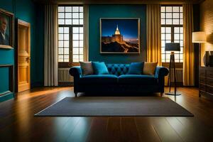 a blue couch in a room with two windows. AI-Generated photo