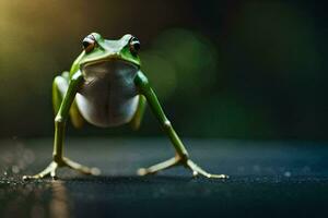 a frog is standing on its hind legs. AI-Generated photo