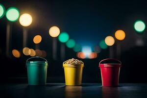 three colorful plastic cups with a bowl of popcorn on the table. AI-Generated photo