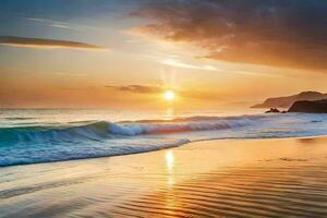 the sun rises over the ocean and the waves crash on the beach. AI-Generated photo