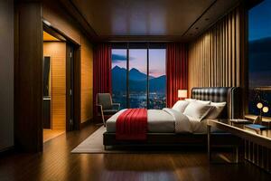 a bedroom with a view of the mountains and city. AI-Generated photo