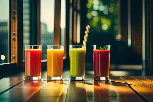 five different types of juices are lined up on a table. AI-Generated photo
