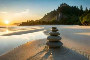 un apilar de piedras en el playa a puesta de sol. generado por ai foto