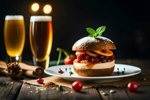 un hamburguesa con Fruta y cerveza en un de madera mesa. generado por ai foto