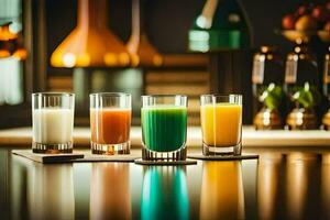 four glasses of juice on a table. AI-Generated photo