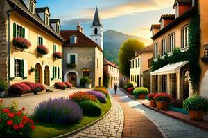 a street in the village with flowers and buildings. AI-Generated photo