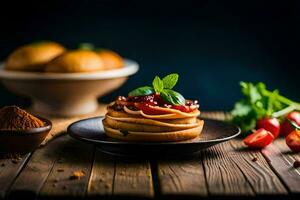pancakes with tomato sauce and spices on a wooden table. AI-Generated photo