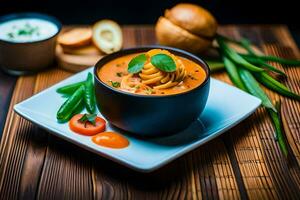 a bowl of soup with vegetables and bread on a wooden table. AI-Generated photo