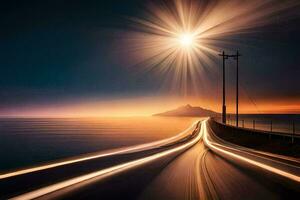 a long exposure photograph of a road with a light shining in the distance. AI-Generated photo