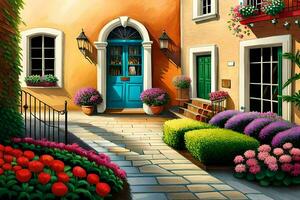 a painting of a colorful street with flowers and plants. AI-Generated photo