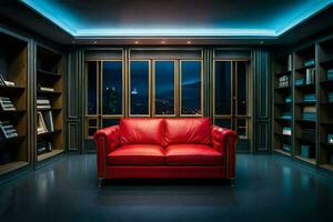 a red leather couch in a dark room with bookshelves. AI-Generated photo