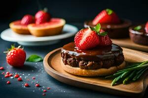a plate with chocolate cake, strawberries and a strawberry. AI-Generated photo