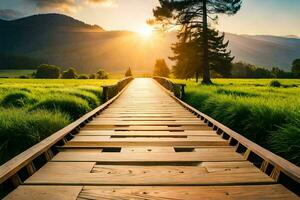 a wooden bridge leads to a green field with mountains in the background. AI-Generated photo