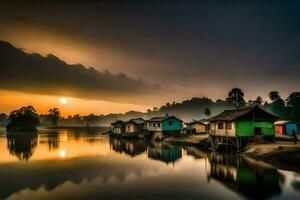 the sun sets over a river and several small houses. AI-Generated photo