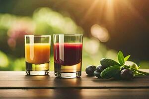 two glasses of juice on a wooden table. AI-Generated photo