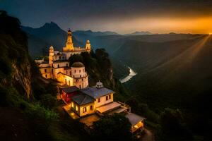 the sun sets over a monastery on a mountain. AI-Generated photo