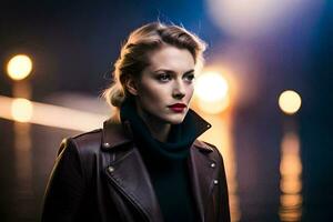 a woman in a leather jacket and black sweater. AI-Generated photo