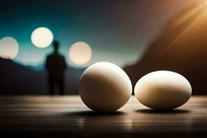 two eggs on a table with a man in the background. AI-Generated photo
