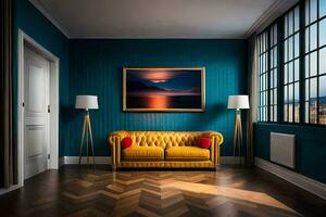 a room with blue walls and a yellow couch. AI-Generated photo