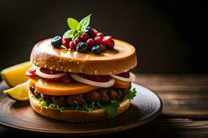 un hamburguesa con bayas y vegetales en un lámina. generado por ai foto