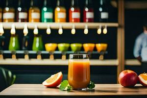 un vaso de jugo se sienta en un mesa en frente de un pared de botellas generado por ai foto