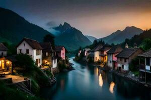 photo wallpaper the sky, mountains, river, houses, the village, sunset, the mountains,. AI-Generated