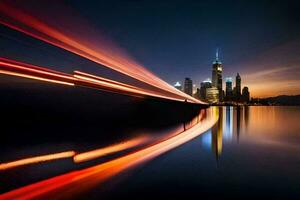 un largo exposición fotografía de un ciudad horizonte a noche. generado por ai foto