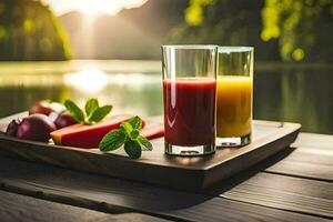 two glasses of juice on a wooden tray with watermelon and melon. AI-Generated photo