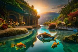 a beautiful scene with fish swimming in a pond. AI-Generated photo