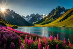 the sun shines over a lake and purple flowers in the mountains. AI-Generated photo