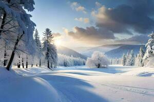 un Nevado paisaje con arboles y nieve. generado por ai foto