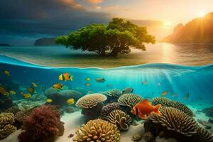 a tropical island with coral reefs and a tree. AI-Generated photo