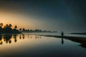 un hombre en pie en el apuntalar de un río a puesta de sol. generado por ai foto