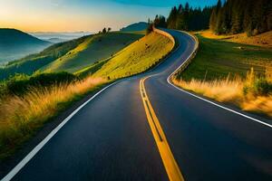 un devanado la carretera en el montañas a puesta de sol. generado por ai foto