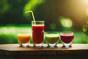 a group of four glasses with different colored juices. AI-Generated photo