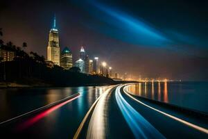 un largo exposición fotografía de un ciudad horizonte a noche. generado por ai foto